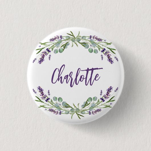 Lavendel violette eucalyptus naam script ronde button 3,2 cm (Voorkant)