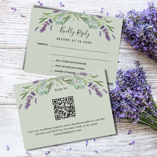Lavendel violette groene QR bruiloft reactie RSVP Kaartje