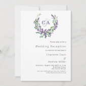 Lavendel violette monogram kuif bruiloft receptie kaart (Voorkant)