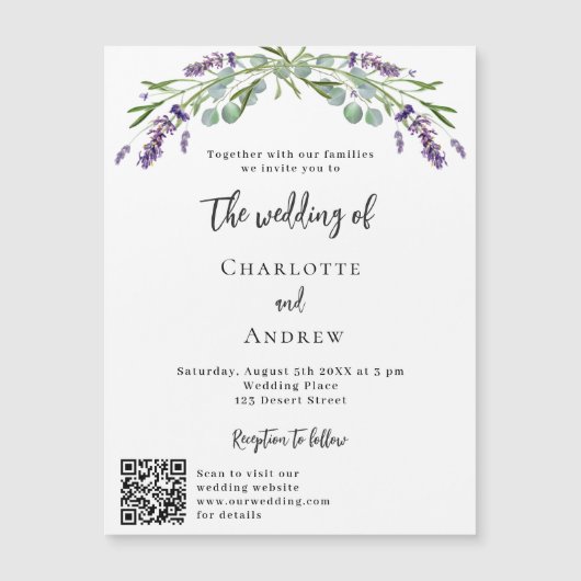 Lavendel violette QR code details luxe bruiloft Magnetische Uitnodiging (Voorkant)