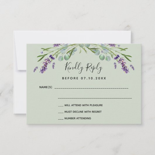 Lavendel violette salie groene bruiloft reactie RS RSVP Kaartje (Voorkant)