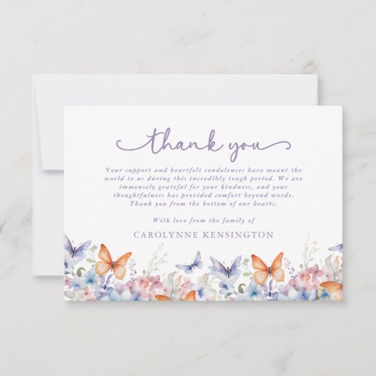 Lavendel vlinder bloemige sympathie dank u bedankkaart (Voorkant)