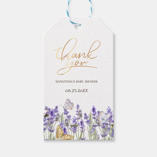 Lavendel Vlinders Botanische Baby Shower Cadeaulabel (Voorkant)
