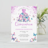 Lavendel Vlinders Gown Blush Bloemen Quinceanera Kaart (Staand voorkant)