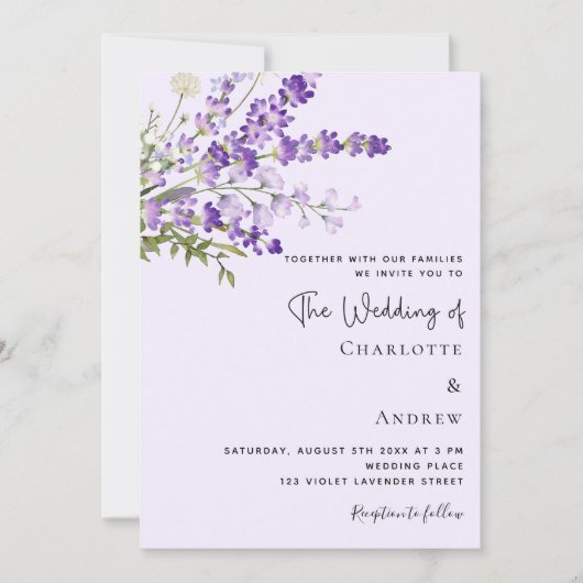 Lavendel watergekleurde bloemen violette bruiloft kaart (Voorkant)