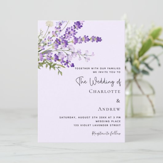 Lavendel watergekleurde bloemen violette bruiloft kaart (Staand voorkant)