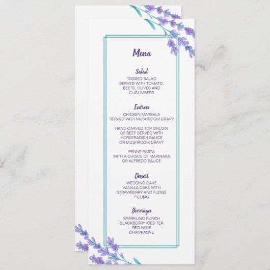 Lavendel Waterverf Bloem Bruiloftsmenu Kaart (Voorkant / Achterkant)