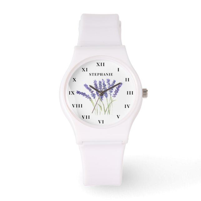 Lavendel Waterverf Bloemen Paarse Modern Horloge (Voorkant)
