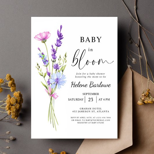 Lavendel Waterverf Boho Wildflower Baby shower Kaart
