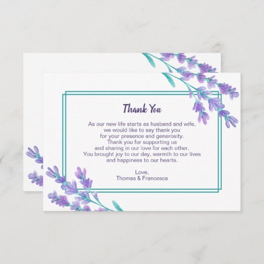 Lavendel Waterverf bruiloft dank u kaart (Voorkant / Achterkant)