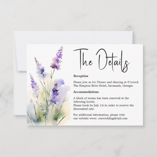 Lavendel Waterverf Bruiloft Details kaart (Voorkant)