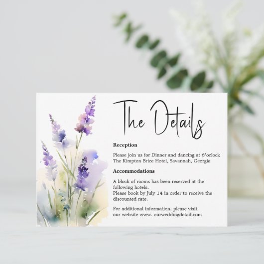 Lavendel Waterverf Bruiloft Details kaart (Staand voorkant)