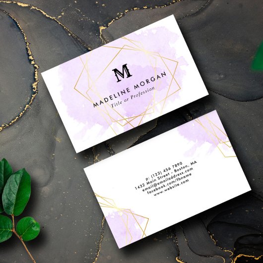 Lavendel Waterverf Faux Gold Geometrisch Monogram Visitekaartje