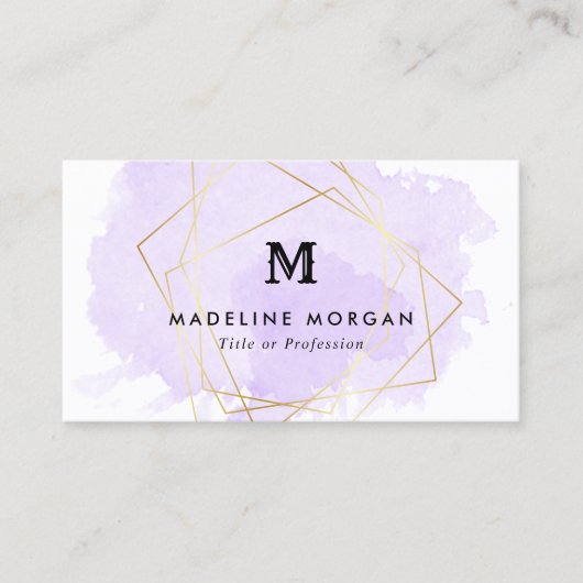 Lavendel Waterverf Faux Gold Geometrisch Monogram Visitekaartje (Voorkant)