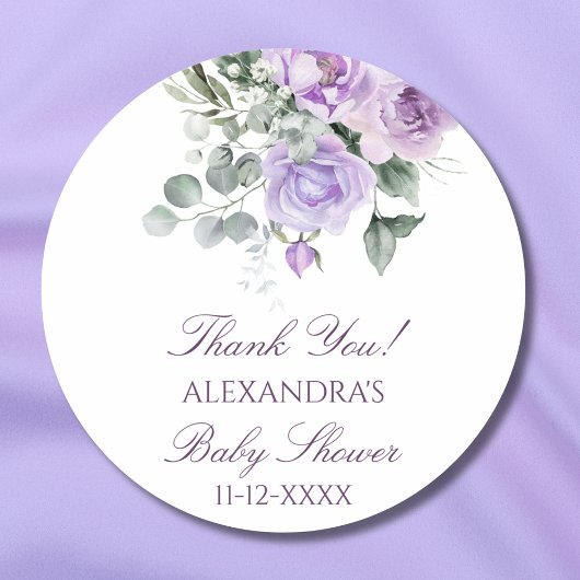Lavendel Waterverf Floral Baby shower Dank u Ronde Sticker