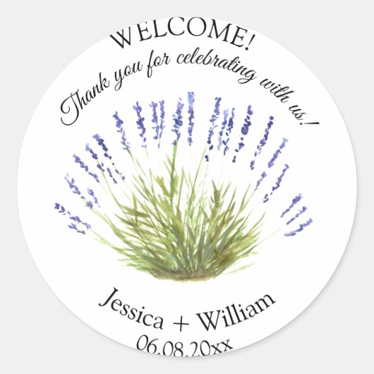 Lavendel Waterverf Floral Modern Bruiloft Ronde Sticker (Voorkant)