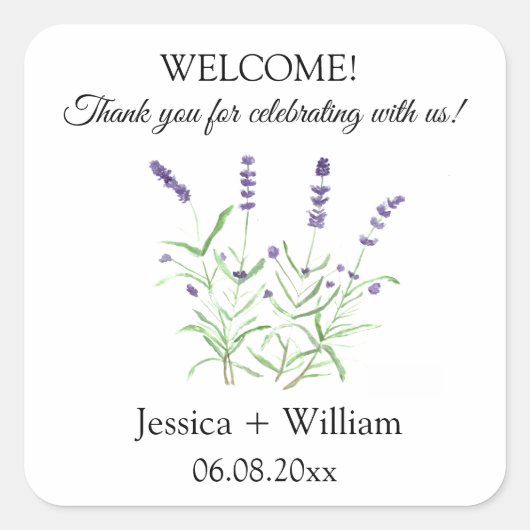 Lavendel Waterverf Floral Modern Bruiloft Vierkante Sticker (Voorkant)