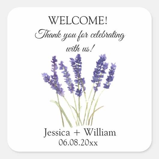 Lavendel Waterverf Floral Modern Bruiloft Vierkante Sticker (Voorkant)