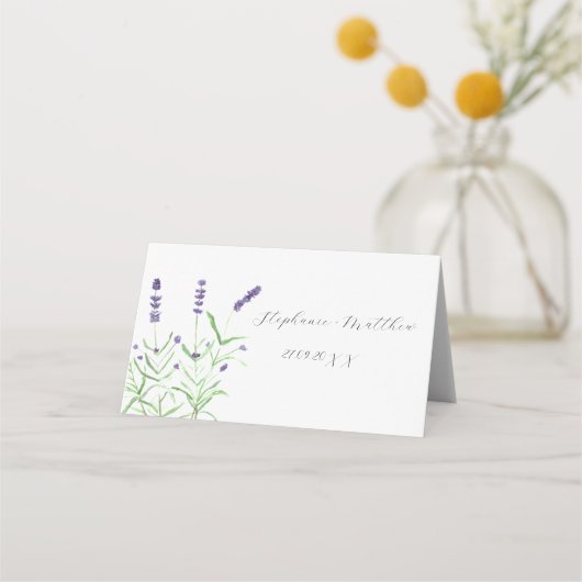 Lavendel Waterverf Paarse bloemenbruiloft Plaatskaartje (Achterkant)