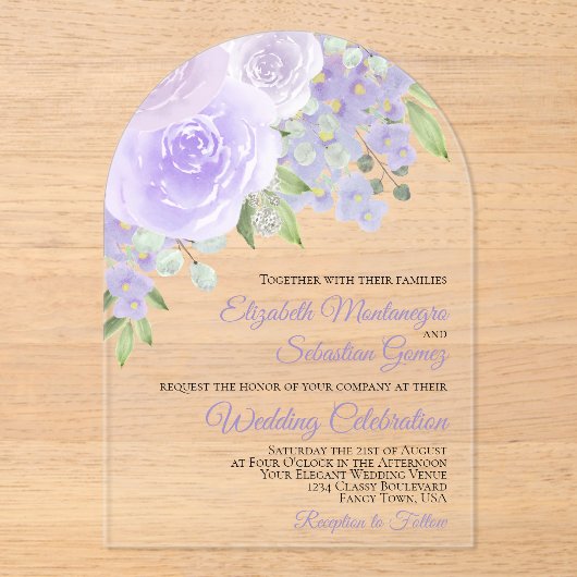 Lavendel Waterverf Rozen Elegant Boog Huwelijk Acryl Uitnodigingen (Voorkant)