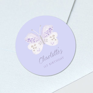 Lavendel Waterverf Vlinder 1e Verjaardagsfeestje Ronde Sticker