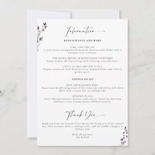 Lavendel Wedding Weekend 3 Dagen Schema Elegant Kaart (Achterkant)