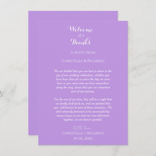 Lavendel Welkom & dank u Trouwnota (Voorkant / Achterkant)