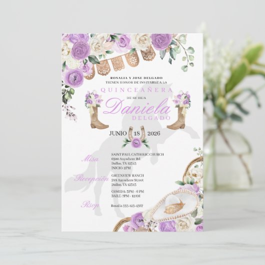 Lavendel Westerne laarzen & Rozen Quinceañera Kaart (Staand voorkant)