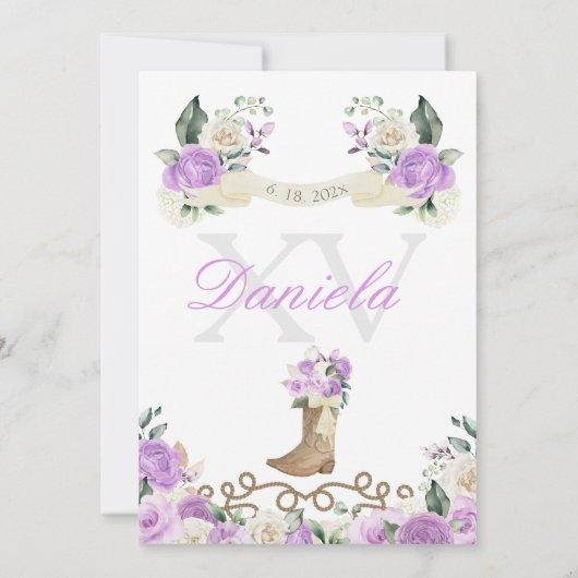 Lavendel Westerne laarzen & Rozen Quinceañera Kaart (Achterkant)