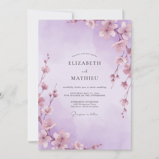 Lavendel Whimsical Sakura Bruiloft Kaart (Voorkant)