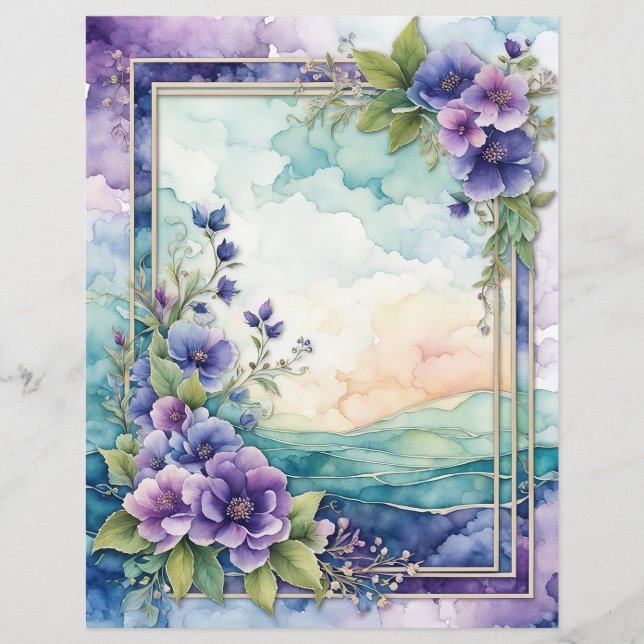 Lavendel Whimsy Artistic Floral Border Papier Blad (Voorkant)
