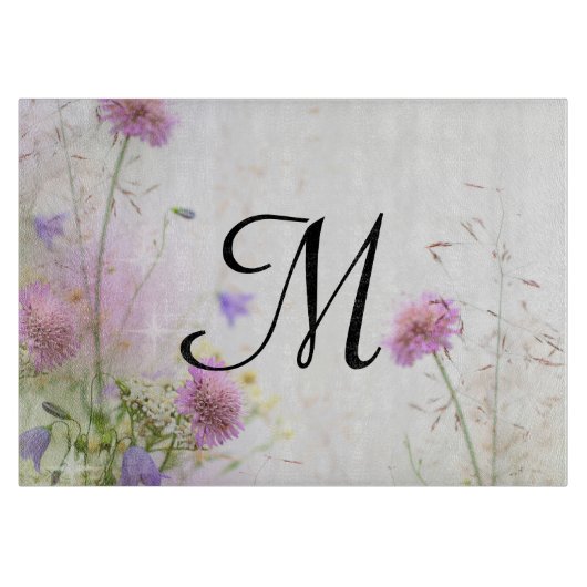 Lavendel Wilde Bloemen Monogram Glas Snijplank (Voorkant)