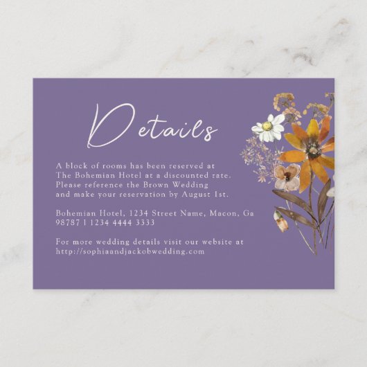 Lavendel Wildflower Boho Wedding Details Informatiekaartje (Voorkant)