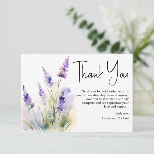 Lavendel wildflower bruiloft dank u kaart (Staand voorkant)