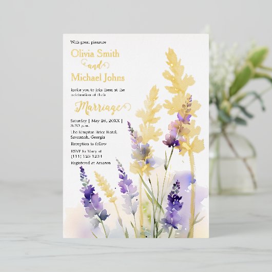 Lavendel wildflower bruiloft uitnodiging (Staand Voorkant)
