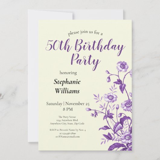 Lavendel Wildflower Vrouwen 50ste Verjaardag Party Kaart (Voorkant)