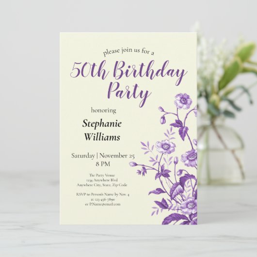 Lavendel Wildflower Vrouwen 50ste Verjaardag Party Kaart (Staand voorkant)