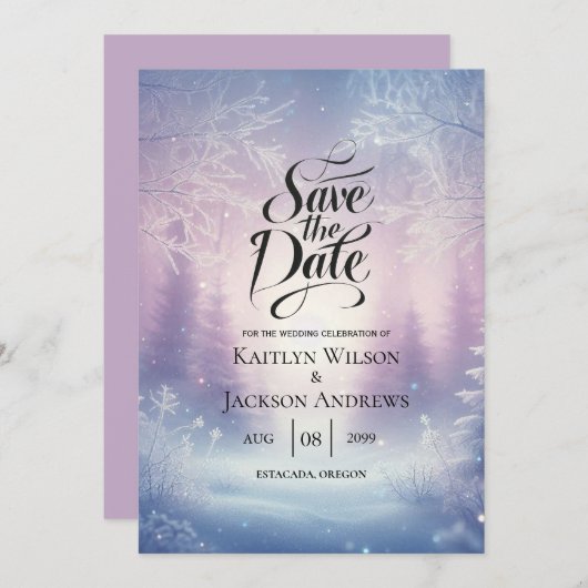 Lavendel Winter Sneeuwval Serenade bruiloft Save The Date (Voorkant / Achterkant)