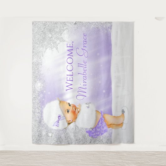 Lavendel Winter Wonderland Baby shower Achtergrond Wandkleed (Voorkant)