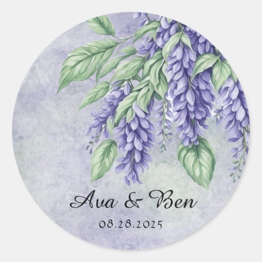 Lavendel Wisteria Bloemen Marmeren Bruiloft Ronde Sticker (Voorkant)