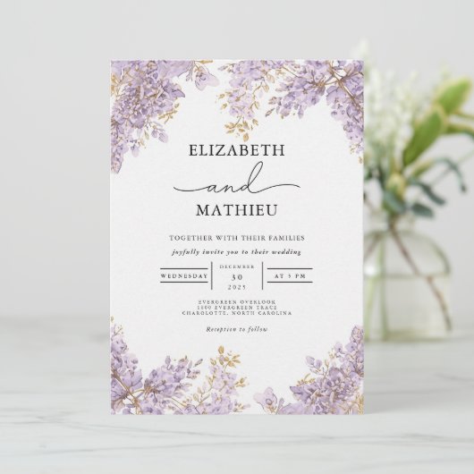 Lavendel Wisteria Floral Wedding Kaart (Staand voorkant)