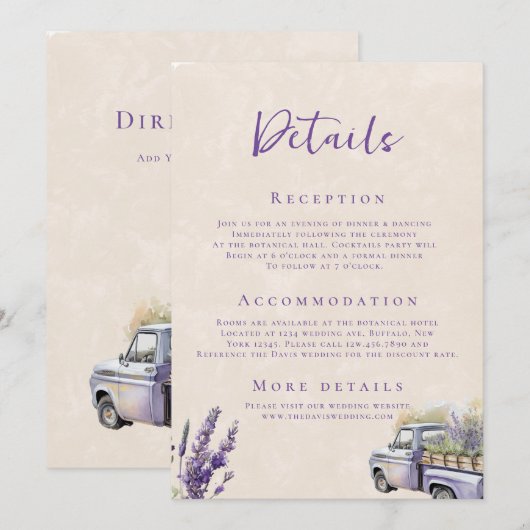Lavendel Wisteria Vrachtwagen Bruiloft Details Kaart (Voorkant / Achterkant)
