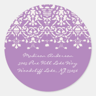 Lavendel & wit damast adreslabel ronde sticker