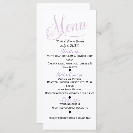 Lavendel & Wit Eenvoudig Elegant Trouwmenu Kaart (Voorkant / Achterkant)