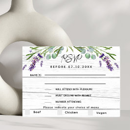 Lavendel wit hout bruiloft menu RSVP reactie