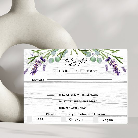 Lavendel wit hout bruiloft menu RSVP reactie