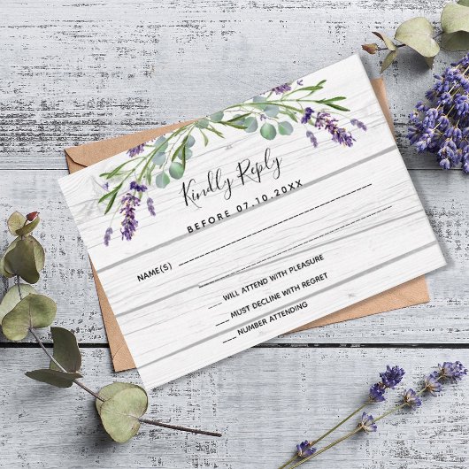 Lavendel wit hout QR code bruiloft reactie RSVP Kaartje