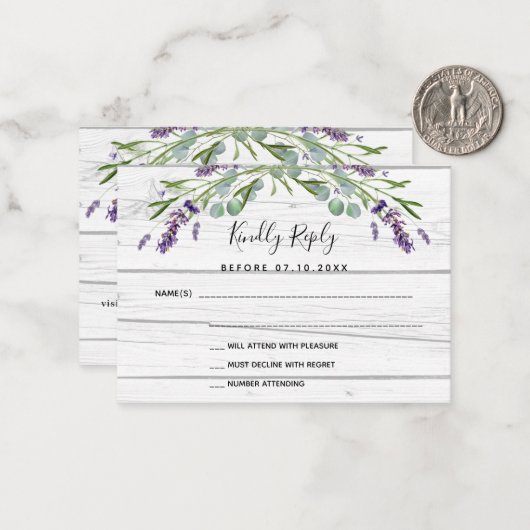 Lavendel wit hout QR code bruiloft reactie RSVP Notitiekaartje (Voorkant / Achterkant in situ)
