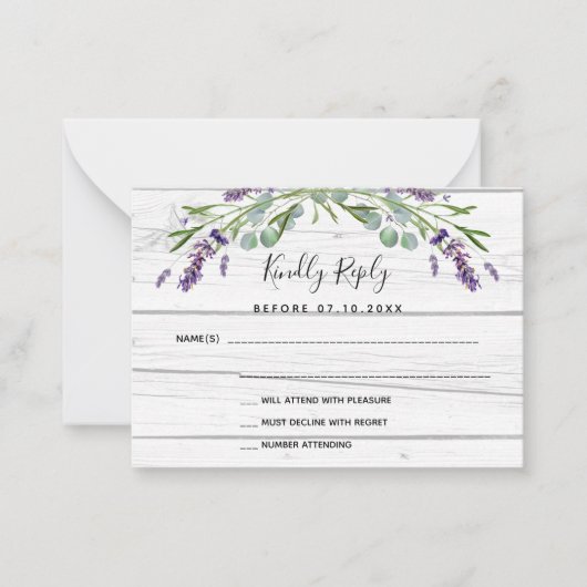 Lavendel wit hout QR code bruiloft reactie RSVP Notitiekaartje (Voorkant)