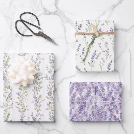 Lavendel Witte Bloem Strepen Bruidsdouche Inpakpapier Vel (Voorkant)